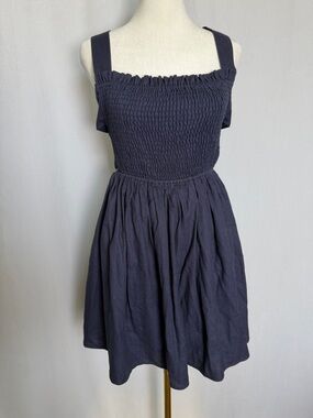 NWT Miou Muse Smocked Navy Linen Blend Tank Mini Dress Size S Open Back Pockets